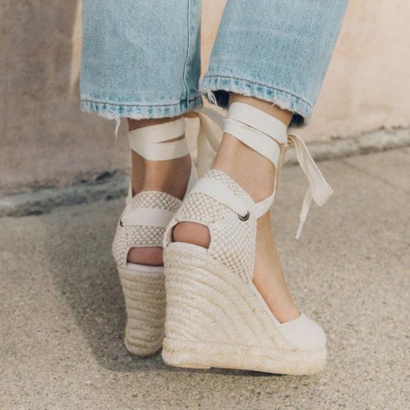 SOLUDOS Cream Linen Wedge Lace Up Espadrille - Picture 3 of 12